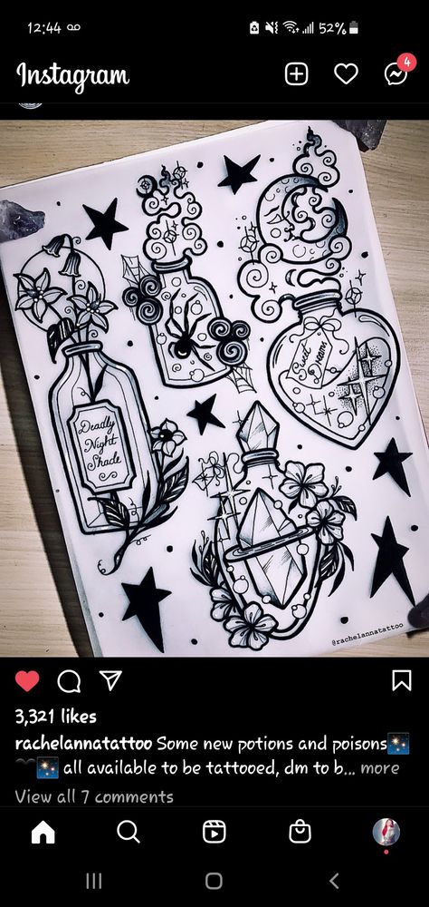 Witchy tattoo, black tattoo,  potion bottle tattoo, tattoo flash, spider tattoo Tattoo Sheets Traditional, Cute Halloween Flash Sheet, Plant Flash Sheet, Gothic Flash Tattoo Ideas, Tattoo Board Design, Witch Flash Sheet, Girly Tattoo Flash Sheet, Large Flash Tattoo, Witchy Flash Art