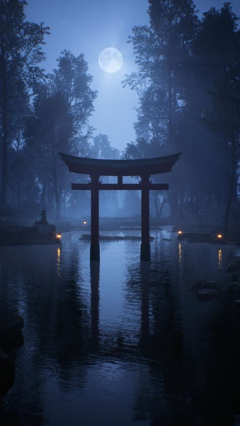 Shrine Wallpaper Anime, Japan Dark Wallpaper, Torii Gate Aesthetic, Old Japanese Paintings, Forest Shrine Art, Japanese Shrine Wallpaper, Japanese Mythology Aesthetic, Anime Places Aesthetic, Dark Japan Wallpaper