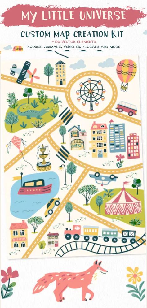 Map Creation Kit, features hand drawn vector elements in an unique style that will help you to create beautiful city maps, landscapes, patterns and more. You will find here houses illustrations, nature, city roads, animals and more. All elements are in vector format, so that you will be able to change colors and sizes in seconds. Map, City, Houses, Children Illustration, Patterns, Town Buildings, Animals, Trees, Map Creator, Map Generator, City Map, Map Design, Map Elements #map Maps Illustration Design, Map Elements, Got Map, City Houses, Map Creator, Nature City, Map Generator, Hand Drawn Map, Vector Elements