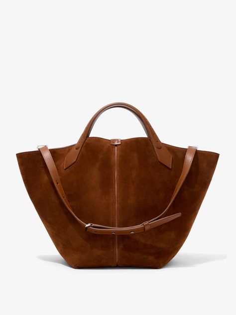 Proenza Schouler Large Chelsea Tote in Suede - Saddle | Proenza Schouler Official Site Brown Handbag Outfit, Brown Suede Bag, Suede Tote Bag, Suede Top, It Bag, Suede Tote, Everyday Tote, Iconic Bags, Fashion Pieces