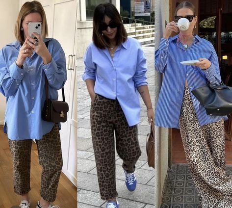 Navy And Leopard Outfit, Blue And Leopard Outfit, Neutral With Pop Of Color Outfit, Chic Mom Outfits, Leopard Outfits, Animal Print Pants, Color Combos Outfit, Leopard Print Pants, Animal Print Outfits