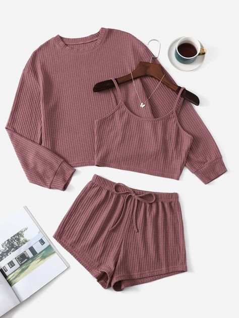 Lounge Set, Cami Top, Drop Shoulder, Lounge, Collar, Coffee, Long Sleeve