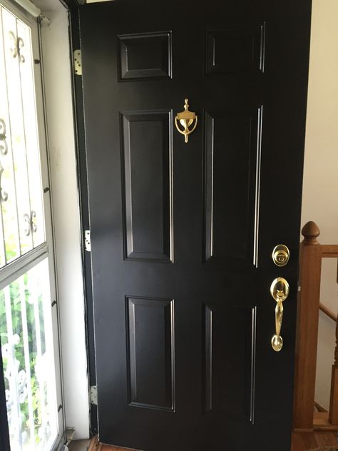 Black entry door with gold brass hardware Black Door With Brass Hardware, Black Front Door Brass Hardware, Black Front Door With Gold Hardware, Black Door With Gold Knob, Black Front Door Gold Hardware, Black Door With Gold Hardware, Black Door Brass Hardware, Black Doors Gold Hardware, Black Front Door With Satin Brass Hardware