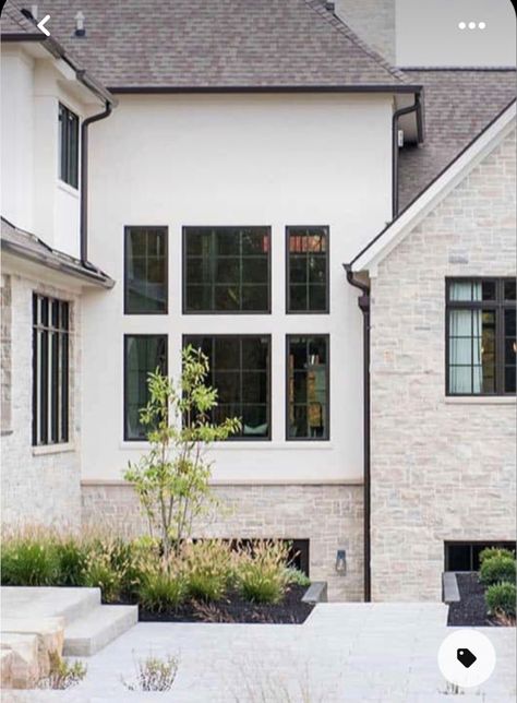 White Brick House, Lake Houses Exterior, Transitional Exterior, Painted House, Design Homes, Stucco Homes, Stucco Exterior, Modern Farmhouse Exterior, Black Windows