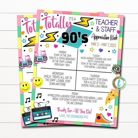 Teacher Appreciation Week Itinerary | Retro Throwback 80s 90s Theme — TidyLady Printables Teacher Appreciation Week Themes, Teacher Appreciation Themes, Teacher Morale, Teacher Motivation, Staff Appreciation Week, Appreciation Gifts Diy, School Pto, Teacher Appreciation Gifts Diy, School Climate