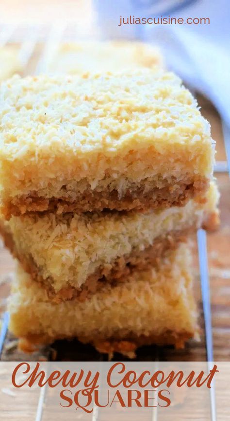 Coconut Squares Recipe, Coconut Squares, Custard Cookies, Coconut Cookie, Coconut Filling, Coconut Shavings, Coconut Desserts, Square Recipes, Coconut Bars