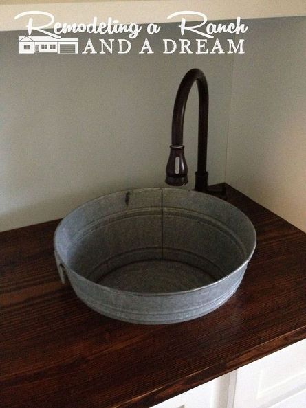 q making a galvanized tub into a sink, bathroom ideas, diy, home decor, plumbing, rustic furniture Sink Bathroom Ideas, Baie Vintage, Rustic Sink, Galvanized Tub, Wooden Counter, Rustic Bathrooms, Bathroom Redo, Cabin Ideas, Sink Bathroom