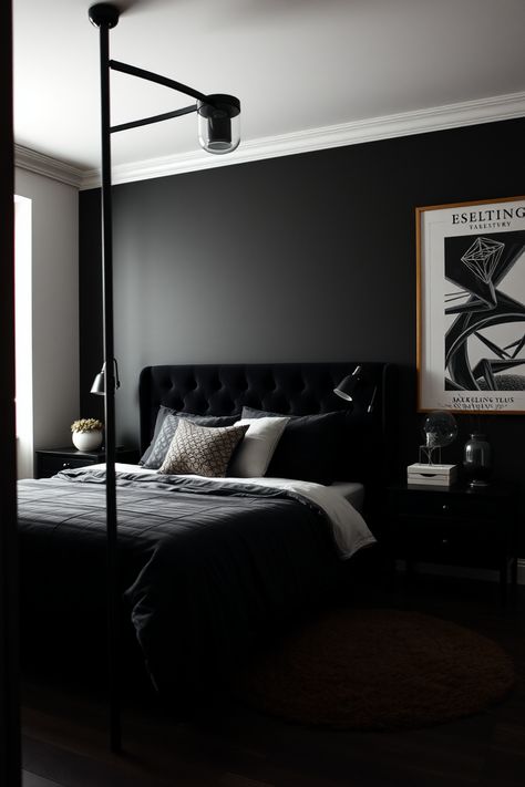 Transform your space with these 15 amazing black bedroom ideas! Black bedrooms are stylish and can create a cozy, inviting atmosphere. From nature-inspired themes to luxurious touches, explore unique designs that will inspire you to make your bedroom a sanctuary. Find inspiration from bold black walls, elegant accents, and thoughtful decor. Perfect for modern trends, our ideas cater to all styles Grey Room Ideas Bedroom, Black Bedroom Aesthetic, Modern Black Bedroom, Moody Bedroom Decor, Dark Gray Bedroom, Dark And Moody Bedroom, Men's Bedroom, Dark Grey Rooms, Black Bedroom Design