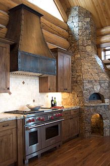 Range hood rustic with modern mountain home. Brien said when we build a log home, we WILL have this kitchen. : ) Gemstone Projects, Rustic Range Hood, Oven Hoods, Cabin Pictures, Metal Range Hood, Hood Vents, Cabin Build, Stove Hood, Fox Hunter