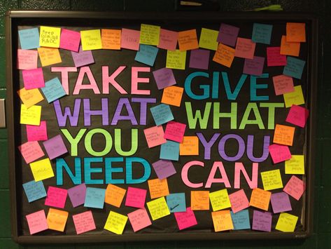 Take what you need and give what you can bulletin board Take What You Need Give What You Can, Bulletin Board Take What You Need, Give What You Can Bulletin Board, Hope Squad Bulletin Boards, Hope Squad Activities, Positive Office Referral Bulletin Board, Take What You Need Bulletin Board Printable, Take What You Need Bulletin Board, Restorative Justice Bulletin Board