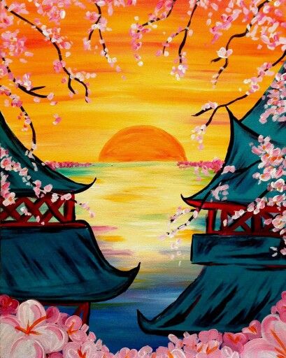 Beautiful japanese painting Acyrlic Painting, Things To Paint, Easy Landscape Paintings, Japan Painting, Japon Illustration, Landscape Paintings Acrylic, Japanese Painting, Sunset Painting, Beginner Painting