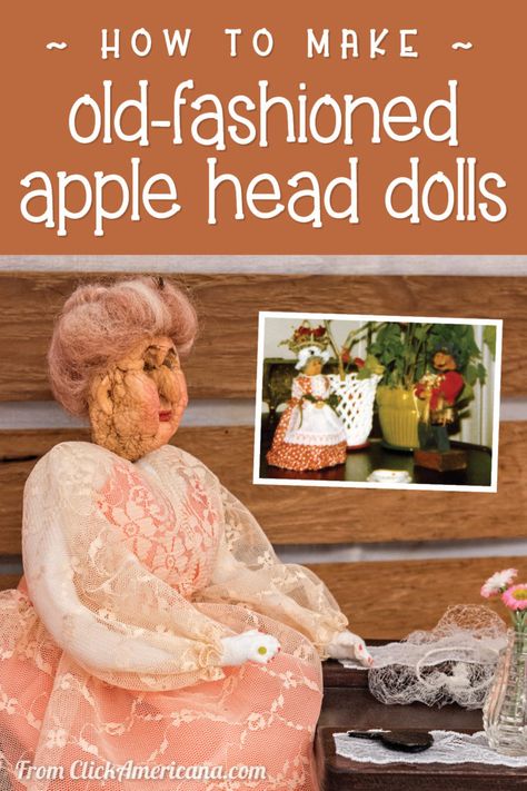 How to make old-fashioned apple head dolls: Get vintage shrunken apple DIY craft directions, details & photos- #appleheaddolls #apples #applehead #appleheads #appledolls #shrunkenapples #vintagecrafts #vintageart #folkart #earlyamerican #crafts #oldfashioned #americana #clickamericana Apple Head Dolls How To Make, Apple Dolls Dried, Shrunken Apple Head Dolls, Applehead Dolls, Apple Head Dolls, Halloween Envelope, Nature Crafting, Envelope Craft, Altered Dolls