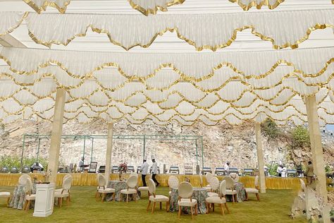 White Wedding Tent Decor, Indian Wedding Ceiling Decor, White Decor Indian Wedding, Scallop Ceiling, Sufi Decor, Cloth Draping, Asian Wedding Decor, Wedding Ceiling Decorations, Amazing Wedding Ideas