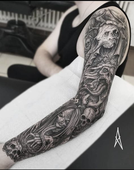 Edgy Sleeve Tattoo Men, Gothic Tattoo Sleeve Men, Gothic Full Sleeve Tattoos, Gothic Arm Sleeve Tattoo, Dark Sleeve Tattoo Men, Dark Tattoo Sleeve, Gothic Arm Tattoo, Gothic Sleeve Tattoo, Horror Tattoo Sleeve