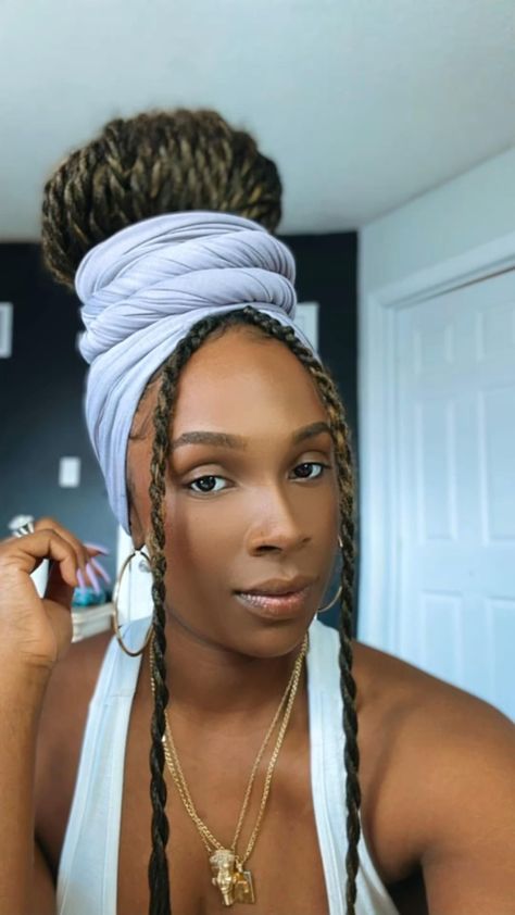 Quick headwrap updo on braids Braided Loc Updo, Scarf Updo, Headwrap Hairstyles, African Hair Wrap, Braided Scarf, Head Wrap Styles, Hair Scarf Styles, Cute Box Braids Hairstyles, Pretty Braided Hairstyles