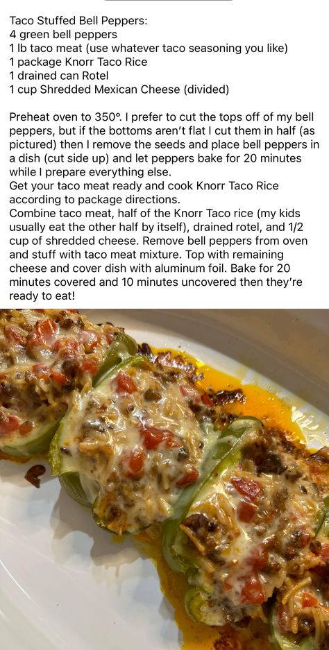 Taco Stuffed Bell Peppers, Taco Stuffed Peppers, Taco Rice, Taco Meat, Beef Recipes Easy, Beef Dishes, Bell Peppers, Ground Beef Recipes, Interesting Food Recipes