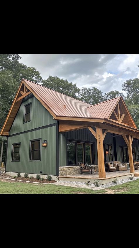 Copper Roof House, Metal Siding House, Green Siding, Diy Cabin, Metal Building Home, Building Remodeling, Copper Roof, Cottage Plan, Shed Homes