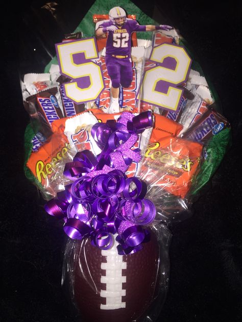 Candy bouquet for one of our favorite HS Varsity football players on Senior Night. Gift Baskets For Senior Night, Sports Candy Bouquet, Football Players Gifts Ideas, Football Theme Gift Basket, Homecoming Baskets For Football Players, Senior Night Gift Ideas Football Boyfriend, Senior Night Candy Bouquet, Senior Night Football Basket Ideas, Football Baskets For Players