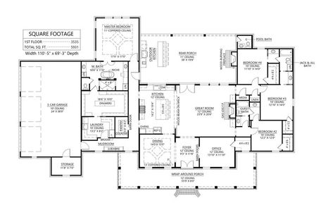 Southern Style House Plan - 4 Beds 3.5 Baths 3535 Sq/Ft Plan #1074-38 - BuilderHousePlans.com 4 Bedroom House Plans Closed Concept, Outdoor Living House Plans, One Story Cottage House Plans, 4 Bedroom House Plans Open Floor Single Storey, Side Entry Garage House Plans, Side Entry Garage, Acadian Homes, Southern Style House Plans, Southern House