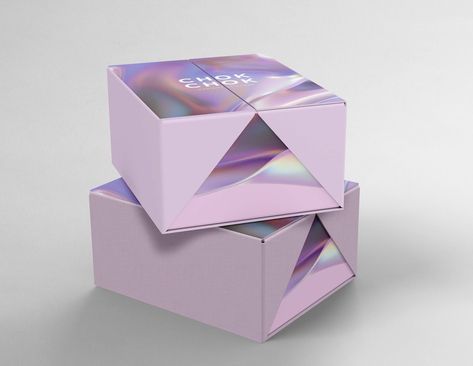 Metallic Packaging Design, Purple Packaging Design, Hologram Packaging, Metallic Packaging, Box Design Ideas, Rigid Box Packaging, Holographic Packaging, Pr Kit, Wooden Containers