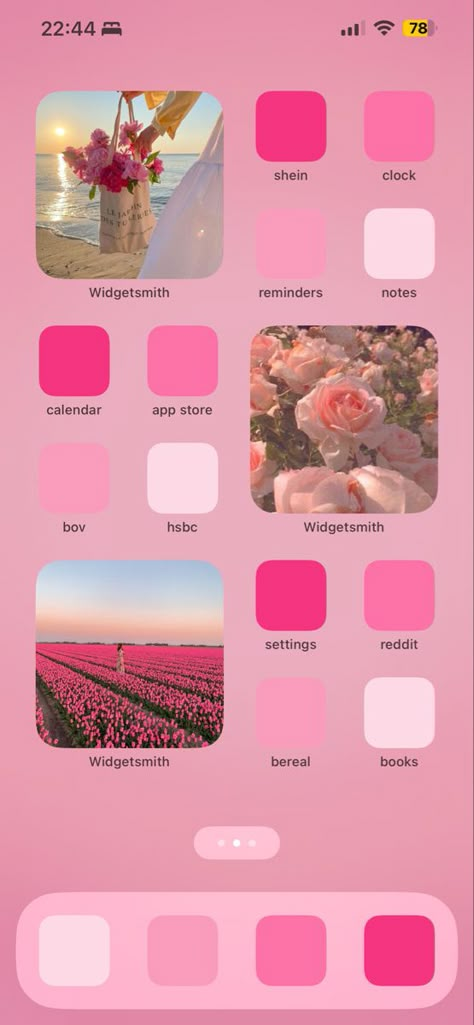 Pink Homescreen Background, Pink Aesthetic Layout Iphone, Flower Themed Homescreen, Widget Smith Ideas Pink, Cute Ipad Homescreen Ideas Pink, Ios Pink Aesthetic, Barbie Phone Layout, Pink Summer Wallpaper Aesthetic, Barbie Iphone Theme