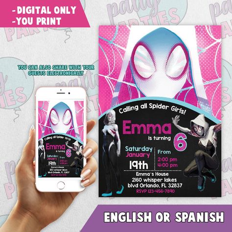 SPIDERMAN-GWEN STACY BIRTHDAY INVITATION-SPIDER GIRL Spider Gwen Birthday Invitation, Gwen Stacy Birthday Party Ideas, Ghost Spider Invitation, Gwen Birthday Party, Spiderman Gwen Stacy, Spiderman Gwen, Spiderman Invitation, Spy Party, Candy Bar Party