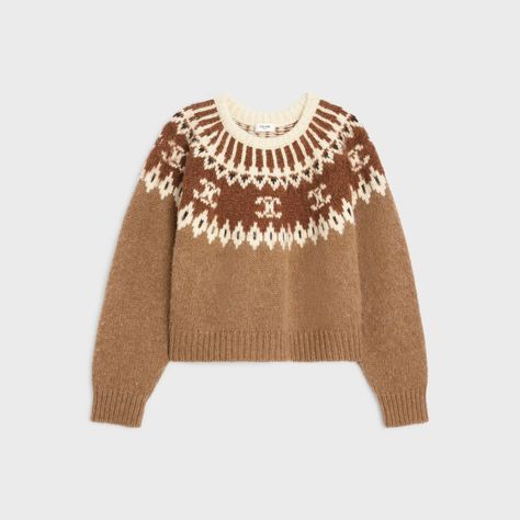 (CELINE) Crew Neck Sweater in Triomphe Fair Isle Wool - US $1.300,00 Motif Fair Isle, Handbags Leather, Fair Isle Knitting, Vestidos Vintage, New Fragrances, Leather Goods, Fair Isle, Crew Neck Sweater, Neck Sweater