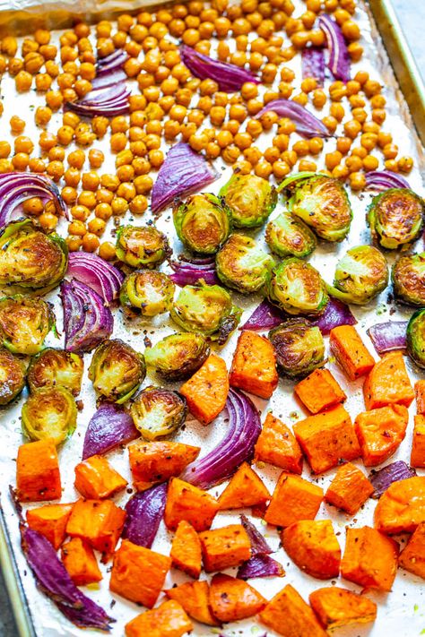 Roasted Fall Vegetables with Chickpeas on a baking sheet Harvest Roasted Vegetables, Legumes Recipes, Roasted Fall Vegetables, Plant Based Lunch, Averie Cooks, Salsa Chicken, Fall Vegetables, Healthy Meals For Two, Roasted Chickpeas