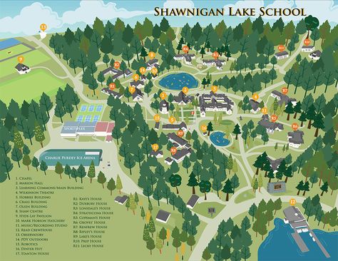 Shawnigan Lake School - Daisy C. re-imagines the campus map Shawnigan Lake School, Boarding School Campus Map, Campus Map Design, Boarding School Campus, Groton School, Map Signage, Maps Illustration Design, Map Poster Design, Shawnigan Lake