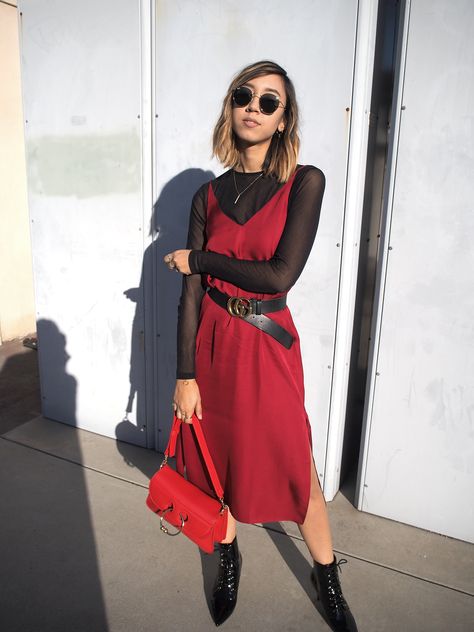 Mesh Top Under Dress, Mesh Top Outfit, Slip Dress Outfit, Teddy Bear Jacket, Red Slip Dress, Long Night, Bear Jacket, So Cal, Red Dress Outfit