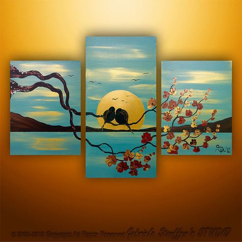 Multi Canvas Painting, Cute Easy Paintings, Birds Art, Bird Painting, Blossom Tree, Nature Art Painting, Painting Landscape, Modern Abstract Painting, Birds Painting