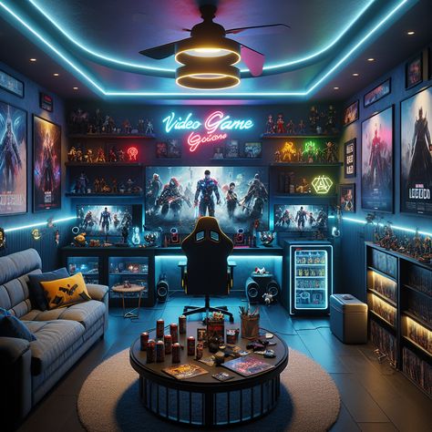 Step into a gamer's paradise, with dark blue walls lit by neon character signs and LED strips. Centre-stage is a cutting-edge gaming station & ergonomic chair, flanked by a snacks-filled mini-fridge. Nearby is a couch, coffee table and game memorabilia. #GamerRoom #ManCave #GamingStation #NeonDecor #VideoGames #GameEnthusiast Dark Blue Game Room, Dark Blue Gaming Room, Gaming Room Aesthetic, Rich Tips, Neon Character, House Paint Design, Couch Coffee Table, Room Ideas Dark, Anime Bedroom