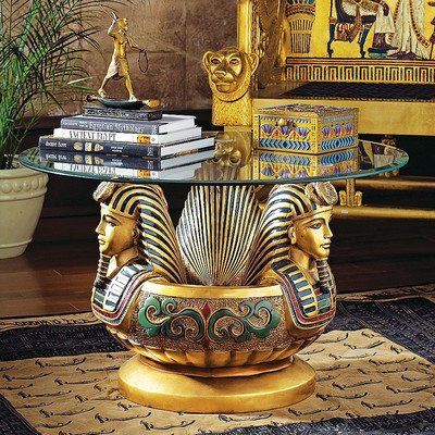 Design Toscano Three Heads of Tutankhamen Sculptural Glass Topped Table in Faux Gold Egyptian Bedroom, Egyptian Furniture, Egyptian Home Decor, Faux Gold Leaf, Pedestal Coffee Table, Egyptian Pyramids, Elephant Figurines, European Furniture, Design Toscano