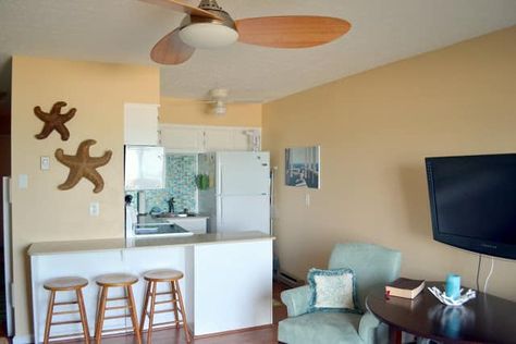 Small Beach Condo, Small Beach Condo Decorating Ideas, Beach Condo Decorating Ideas, Condo Decorating Ideas, Beach Condo Decor, Laminate Hardwood Flooring, Coastal Condo, Condo Renovation, Small Condo