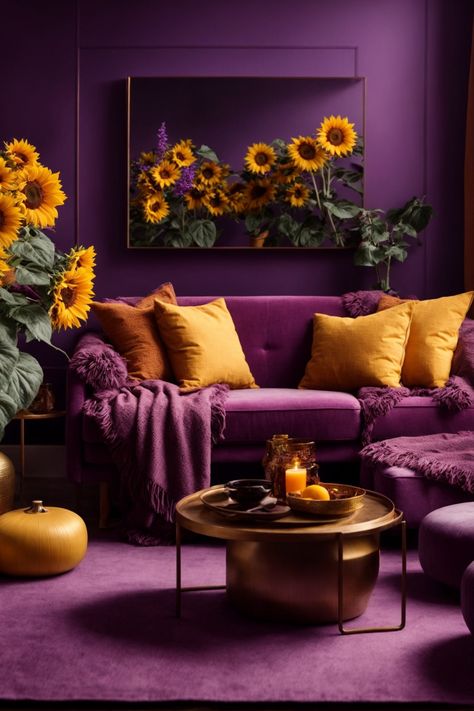 Step into this enchanting Sunflower sanctuary, a living room that dazzles with its vibrant colors and opulent textures. The walls, painted in an intoxicating shade of royal purple, set the stage for the dazzling Sunflower wall art that seems to bloom right before your eyes. A sumptuously upholstered purple sofa with plush yellow cushions invites leisurely lounging, while a modern golden coffee table adds a touch of glam. The sunflower’s beauty is further echoed in chic accents and throws. Purple Yellow Interior Design, Rooms With Yellow Accents, Purple Home Design, Purple Yellow Living Room, Purple And Yellow Interior, Purple Sofa Decor, Living Room With Purple Accents, Purple Home Decor Living Room, Purple Home Aesthetic