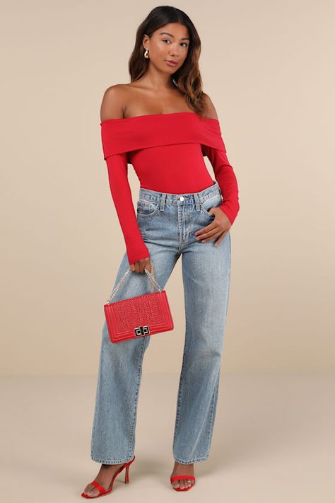 Create plenty of poised looks with a timeless piece like the Lulus Classic Composure Red Off-the-Shoulder Long Sleeve Top! Soft and stretchy jersey knit shapes this too-chic top that features a fold-over, off-the-shoulder neckline, long sleeves, and a fitted bodice. From date nights to brunch with your besties, this versatile top is perfect for so many occasions. Fit: This garment fits true to size. Bust: Great for any cup size. Waist: Fitted - stretchy fabric allows custom fit. Undergarments: M Top Rojo Outfits Noche, Off The Shoulder Long Sleeve Top, Red Outfit Women, Outfit Necessities, Miumiu Outfit, Red Long Sleeve Bodysuit, Red Top Outfit, Red Off Shoulder Top, Off The Shoulder Top Outfit