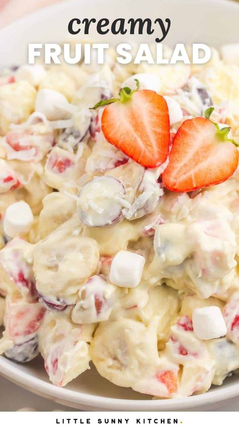 A creamy fruit salad with whipped cream, marshmallows, and coconut is a sweet dessert or side dish that everyone will love! Coconut Cream Fruit Salad, Fruit Salad Whipped Cream, Fresh Dessert Recipes, Whipped Cream Fruit Salad, Creamy Fruit Salad Recipe, Fruit Salad With Whipped Cream, Fruity Salads, Fruit Salad With Cream, Thieves Blend