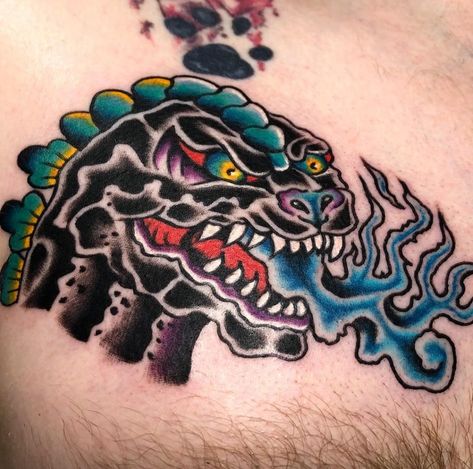 Traditional Godzilla Tattoo, Godzilla Tattoo, Water Lily Tattoos, Line Art Tattoo, Torso Tattoos, Fantasy Tattoos, Old School Tattoo Designs, Gaming Tattoo, Traditional Tattoo Art