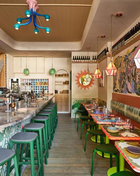 A West Village wine bar. Cafe Wine Bar, Mexican Cafe, Floral Murals, Stained Glass Floral, Built In Bunks, Nyc Bars, Concrete Sculpture, Natural Wine, Paint Brands