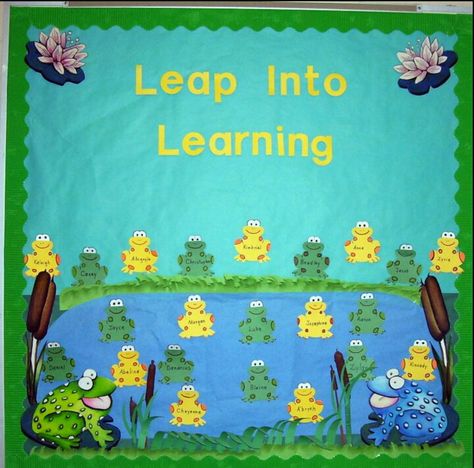 Frogs pond Frog Bulletin Boards, Frog Classroom, Preschool Door, Preschool Boards, Classroom Boards, Spring Bulletin, Spring Bulletin Boards, Preschool Bulletin, Frog Theme