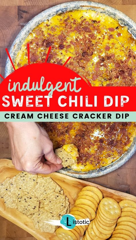 Bacon Sweet Chili Ritz Cracker dip. Ultimate Indulgent Cream Cheese Appetizer with Sweet Chili Glaze! Ritz crackers and cream cheese with cheddar and bacon. Yummy served as a warm or cold. Make-ahead of a party and have it ready for any occasion. You'll be asked for the recipe and to bring it over and over. This is seriously the best cream cheese party dip. See the full recipe, tips, and instructions on Listotic. #crackerdip #sweetchili #appetizer #listotic Cream Cheese Cracker Dip, Chili Cream Cheese Dip, Party Food Easy Appetizers, Warm Appetizers, Cream Cheese Recipes Dip, Cracker Dip, Cream Cheese Appetizer, Chili Cheese Dips, Cream Cheese Dip