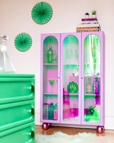 Maximal Interior, Iridescent Interior, Spanish Interior, London 2022, Furniture Upcycling, Dresser Top, Pink Iridescent, Glass Cabinets Display, Quirky Decor