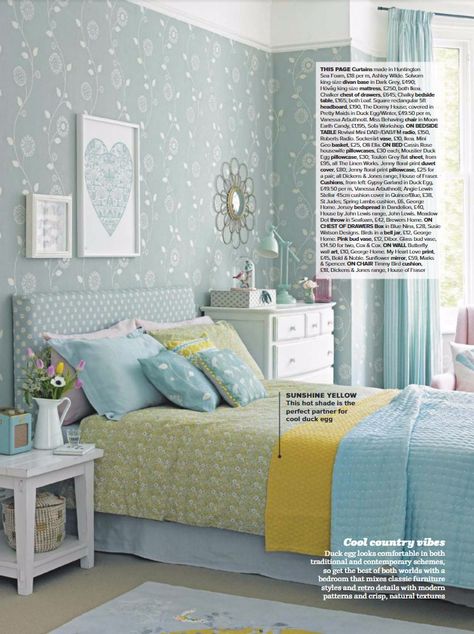 Decorating with Duck Egg and Color Schemes That Work. Duck egg blue looks great with yellow accents. Beige Sofa Styling, Duck Egg Bedroom, Duck Egg Blue Paint, Duck Egg Blue Bedroom, White Bedroom Cozy, Luxury Bedroom Ideas Modern, Paper Bedroom, Blue Bedroom Furniture, Blue Bedroom Walls