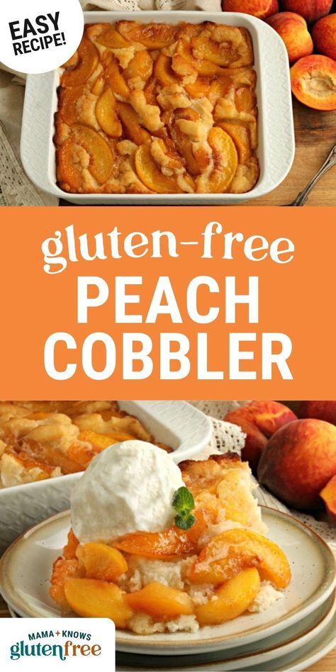 Enjoy a sweet summer treat with this gluten-free peach cobbler! Sweet peaches in cinnamon sauce with a buttery cake topping. Dairy-free and vegan options available. Perfect gluten free dessert for summer gatherings. Pop over to our site for some recipe inspiration! Gluten Free Dairy Free Desserts Recipes, Gluten And Dairy Free Peach Cobbler, Easy Gluten Free Peach Cobbler, Gf Peach Cobbler Recipe, Vegan Gluten Free Peach Cobbler, Gluten Free Peach Cobbler Dump Cake, Gluten Free Dairy Free Peach Recipes, Peach Gluten Free Recipes, Gluten Free Peach Dessert Recipes