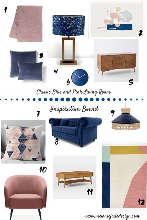 Navy And Pink Decor Living Room, Navy Pink And Brown Living Room, Pink And Blue Lounge, Dusky Pink Living Room, Blue And Pink Office, Pink Blue Decor, Blue And Pink Living Room, Blue Sofas Living Room, Pantone Colour Of The Year