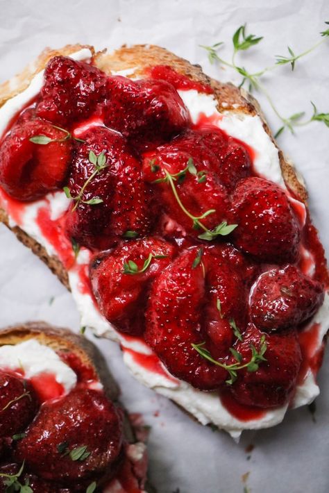 Whipped Ricotta Toast, Fancy Toast, Roasted Strawberry, Fancy Breakfast, Ricotta Toast, Whipped Ricotta, Roasted Strawberries, Rustic Bread, Toasted Bread