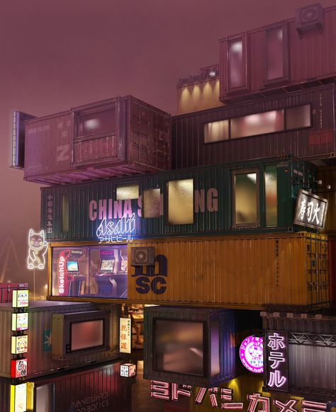 Night container city, Anthony Deslande on ArtStation at https://www.artstation.com/artwork/ZGR1kx Container Aesthetic, Cyberpunk Night City, Container Art, Cargo Container Homes, Cargo Container House, Container Houses, Cargo Container, Minecraft City, Cyberpunk Aesthetic