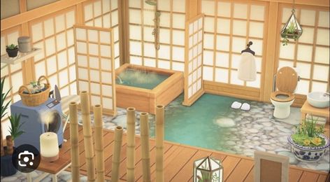 Acnh Bathroom Ideas Japanese, Japanese Bathroom Acnh, Acnh Outdoor Bath Ideas, Acnh Bathhouse, Bathroom Animal Crossing, Japanese Bathroom Ideas, Japanese Home Interior, Acnh Japanese, Japanese Bath House