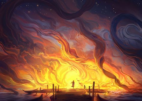 Fire Art, Fantasy Art Landscapes, Caravaggio, Ethereal Art, Environment Concept Art, Fantasy Landscape, On Fire, Pretty Art, The Ocean