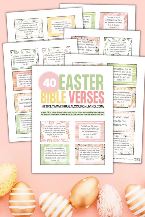 Tell the Easter story to kids with these easy-to-read Easter Bible Verses printables. 40 short Easter scripture cards (ERV) to read daily with your family. Use with Lent, Easter week or Easter Sunday. #FrugalCouponLiving #Easter Easter Advent, Easter Verses, Easter Scriptures, 40 Days Of Lent, Easter Bible Verses, The Easter Story, Verses For Kids, Easter Week, Bible Verses For Kids